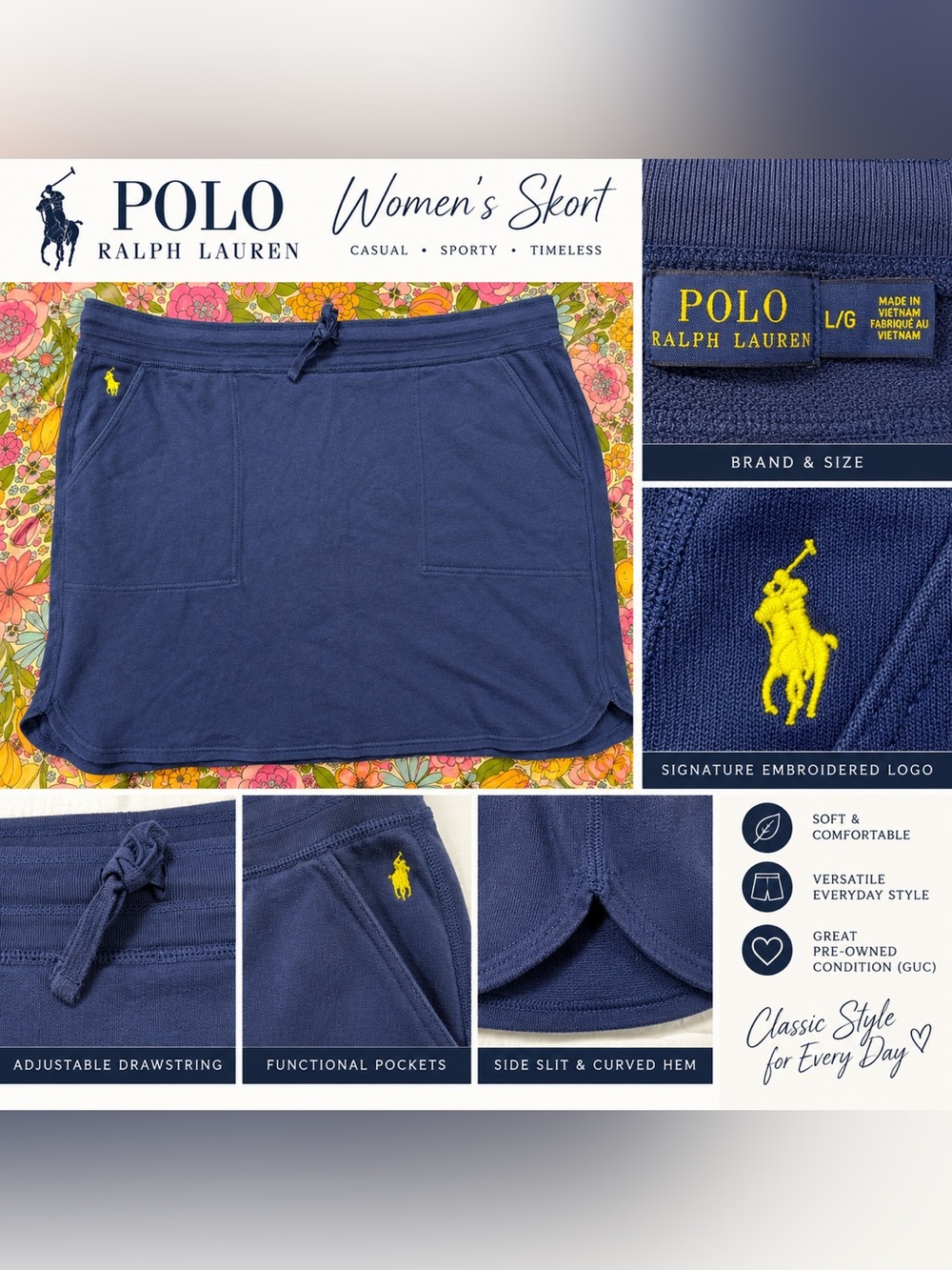 Polo by Ralph Lauren Navy Drawstring Mini Skirt with Yellow Pony